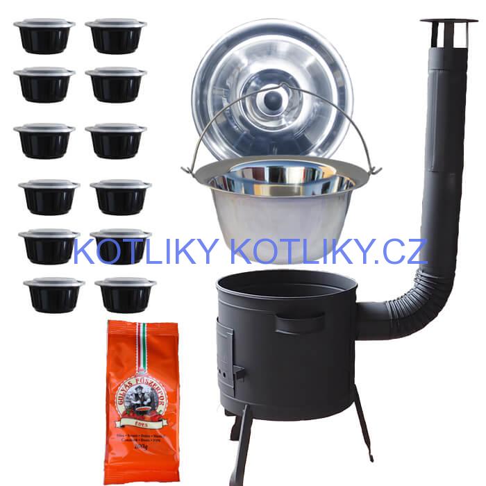 Nerezový kotlík 22 L (0,8 mm) + pepř na guláš 100 g + misky 12 ks + nízká žáruvzdorná kotlina (0,8 mm) 42 PLUS 600