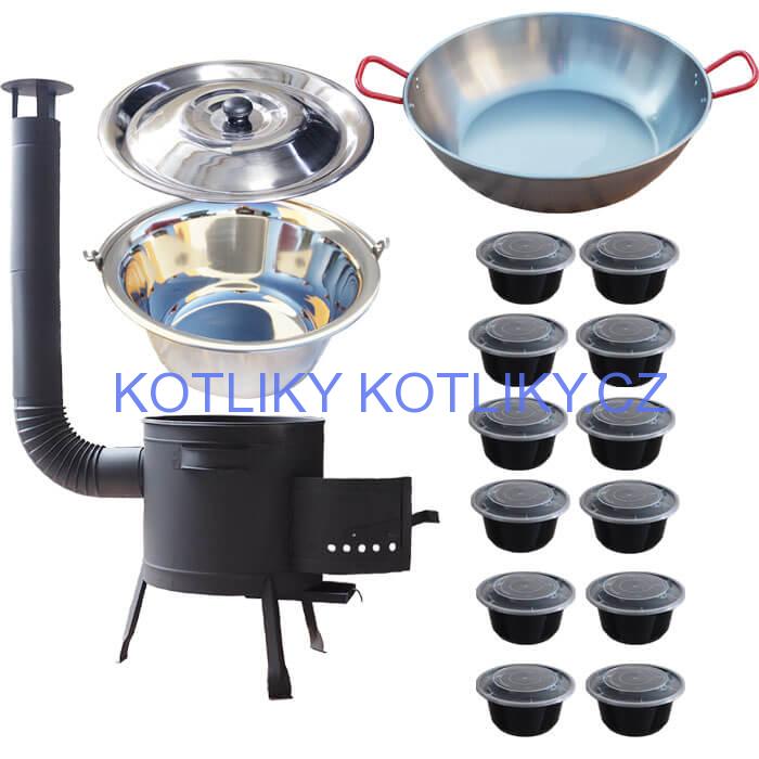 Nerezový kotlík 22 L (0,8 mm) INOX + Pánev PAELLA (WOK) 45 cm + misky 12 ks + nízká kotlina 42 PLUS 600