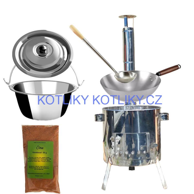 Nerezový kotlík 10 L (0,8 mm) + nerezová kotlina 31 INOX LUSTRO + Wok + koření 50 g