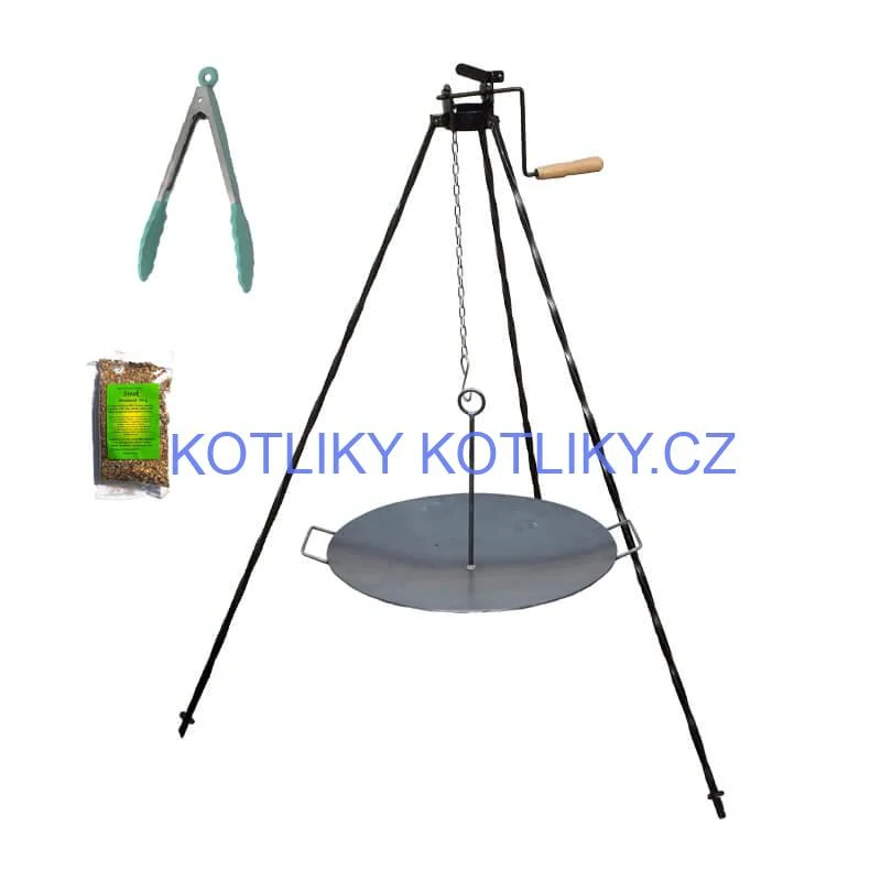 Grilovací souprava CLASSIC STEEL PRO: Trojnožka 1,2m s kladkou + Železná pánev 49 cm