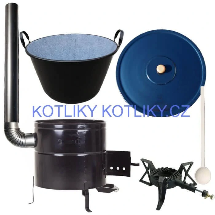 Zabijačkový smaltovaný kotel 60 L + kovová kotlina 53 cm + hořák 7 kW + kouřovod