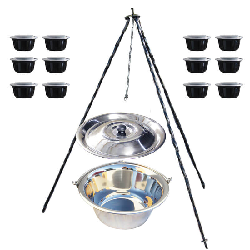 Nerezový kotlík 10 L (0,8 mm) INOX + poklice + trojnožka 1,20 m + misky 12 ks