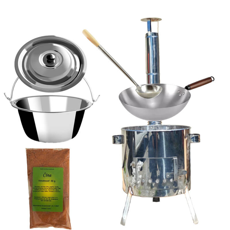Nerezový kotlík 10 L (0,8 mm) + nerezová kotlina 31 INOX LUSTRO + Wok + koření 50 g