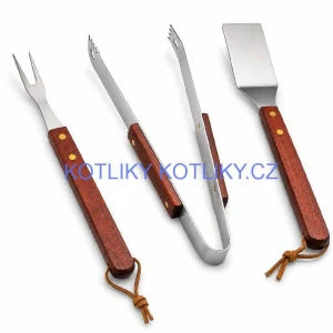 Grilovací nářadí BBQ – sada 3 ks, nerez a dřevo, 33 cm