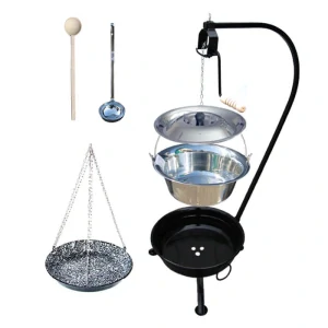 Nerezový kotlík 20 L (1,2 mm) INOX + smaltovaná pánev + ohniště se stojanem as pojistnou kladkou VAR