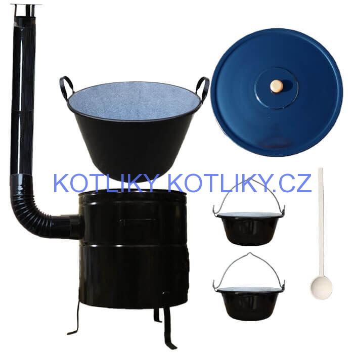 Zabijačkový smaltovaný kotel 80 L + kovová kotlina 58 cm + 2 servírovací kotlíky  a kouřovod