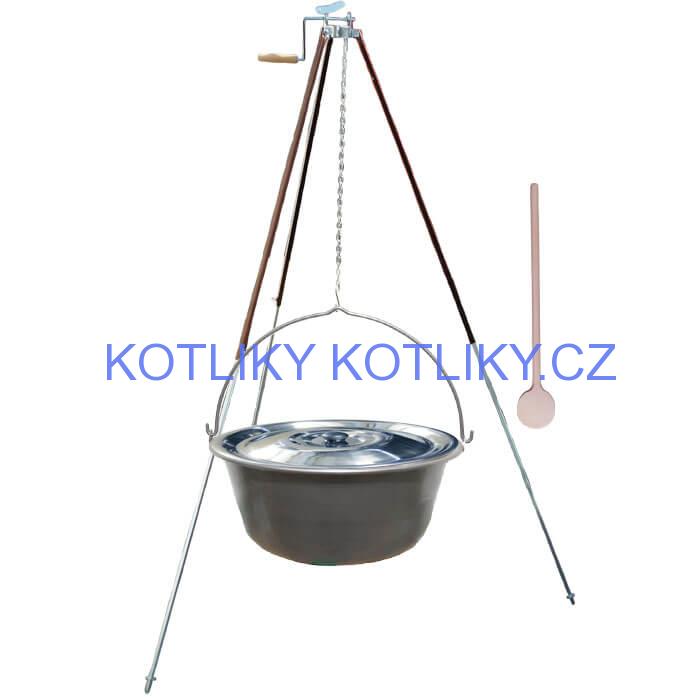 Nerezový kotlík 15 L (1,5 mm) + teleskopická trojnožka s pojistnou kladkou + poklice