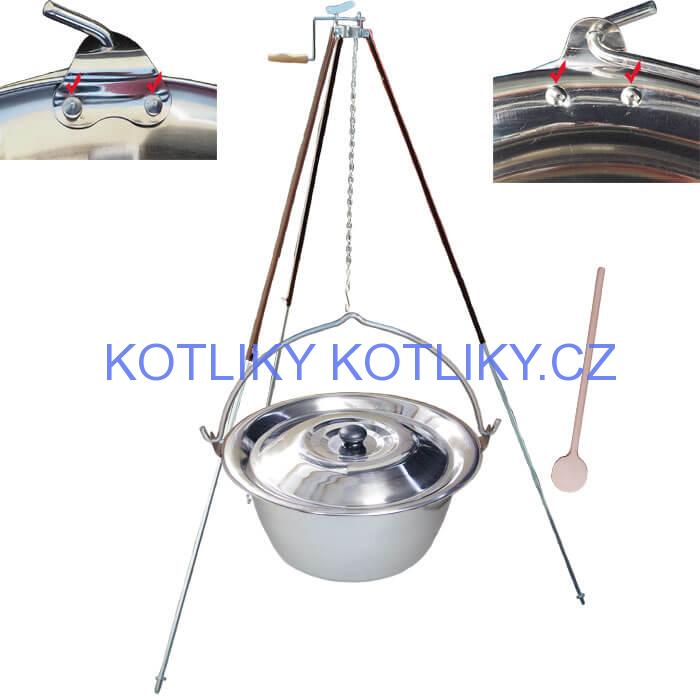 Nerezový kotlík 30 L (0,8 mm) s nýty + teleskopická trojnožka s pojistnou kladkou + poklice