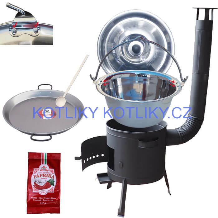Zesílený nerezový kotlík 15 L (0,8 mm) + Paella ocelová pánev + nízká žáruvzdorná kotlina 36 cm PLUS 600
