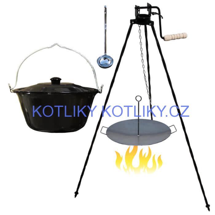 Smaltovaný kotlík 20 L (1,2 mm) + pánev na grilování a stojan s kladkou VAR