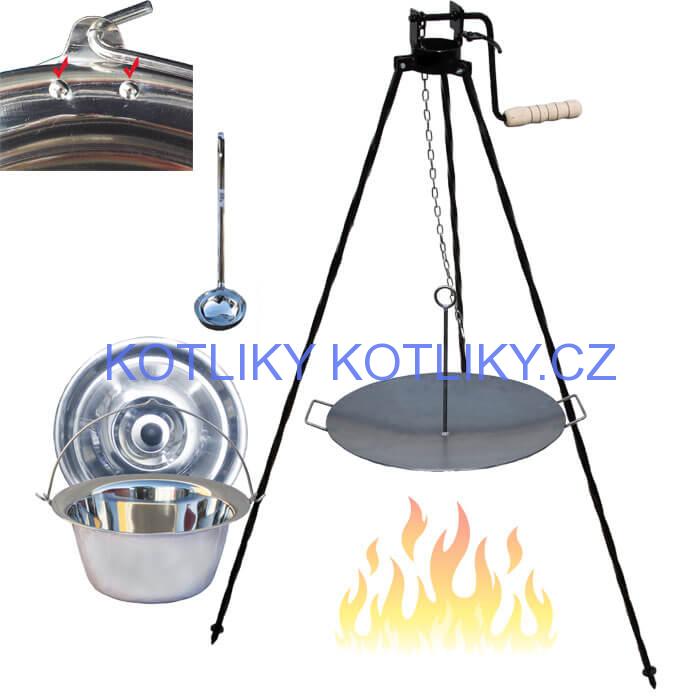 Nerezový kotlík 15 L (0,8 mm) s nýty + pánev na grilování a stojan s kladkou VAR