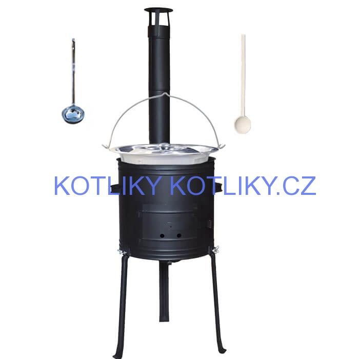 Nerezový kotlík 14 L (0,8 mm) + kovová kotlina s vysokými nožičkami 36 cm, žáruvzdorná barva Plus 700 + vařečka a naběračka