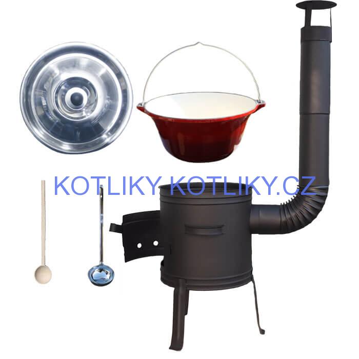 Litinový kotlík 10 L se smaltovanou úpravou + nízká žáruvzdorná kotlina 33 cm PLUS 700 + vařečka a naběračka