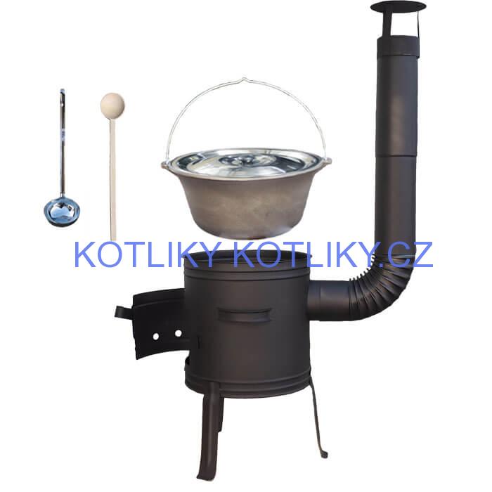 Litinový kotlík 10 L + nízká žáruvzdorná kotlina 33 cm PLUS 700 + vařečka a naběračka