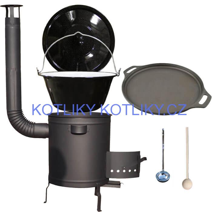 Smaltovaný kotlík 20 L (1,2 mm) + Litinová pánev 43 cm + silnostěnná (1,5 mm) a žáruvzdorná kotlina 42 PLUS 600