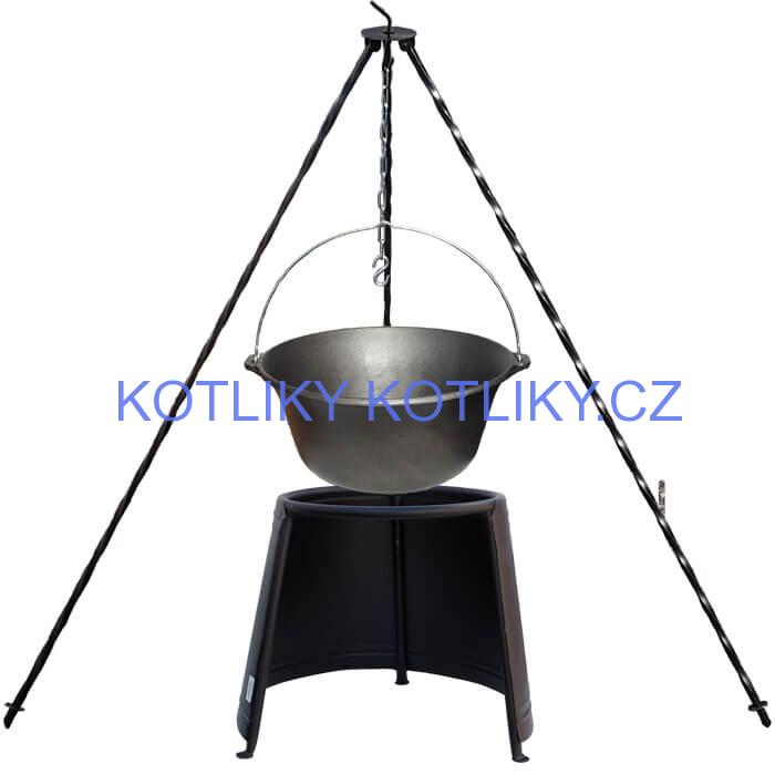 Litinový kotlík 10,8 L + chránič plamene 37 cm + trojnožka 1,2 m