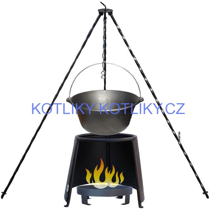 Litinový kotlík 7,2 L + chránič plamene 32 cm + ohniště 36 cm + trojnožka 1,2 m