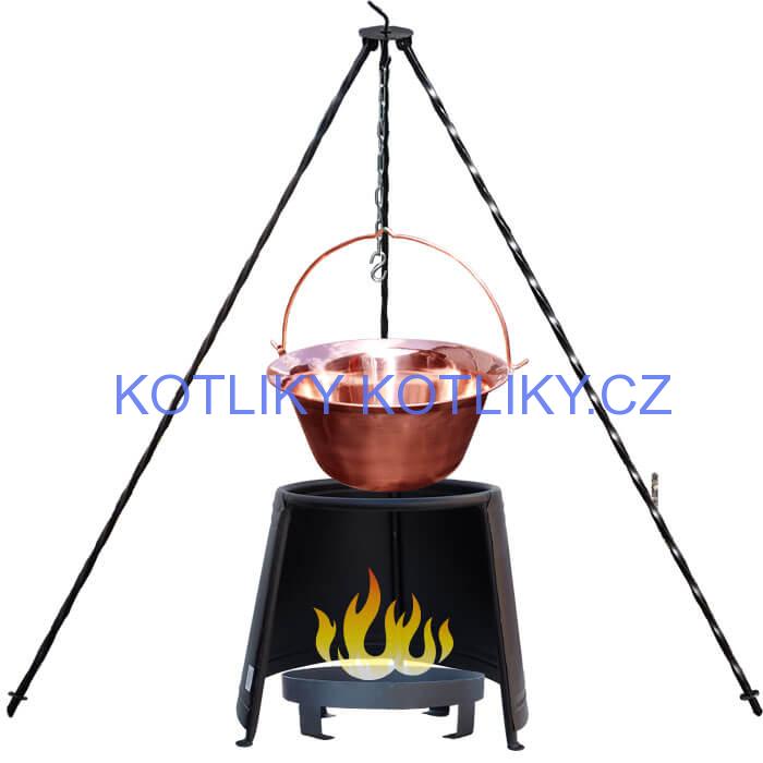 Měděný kotlík 14 L (1,2 mm) + chránič plamene 37 cm + ohniště 36 cm + trojnožka 1,2 m