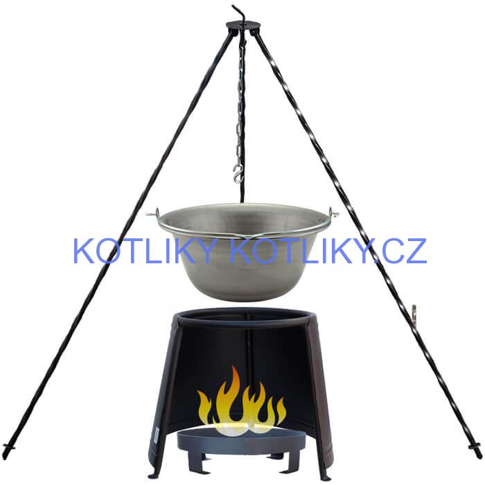 Železný kotlík 14 L (0,75 mm) + chránič plamene 37 cm + ohniště 36 cm + trojnožka 1,2 m