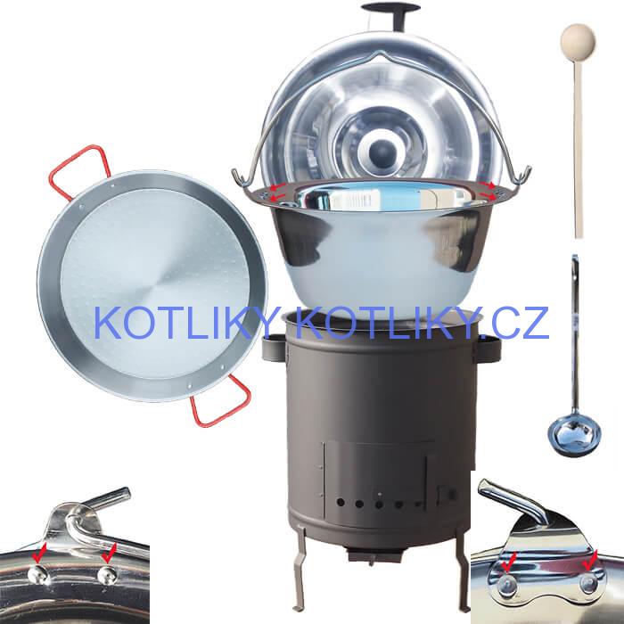 Nerezový kotlík 15 L (0,8 mm) zesílený s nýty + Paella pánev 38 cm + silnostěnná (1,5 mm) žáruvzdorná kotlina 36 PLUS 600