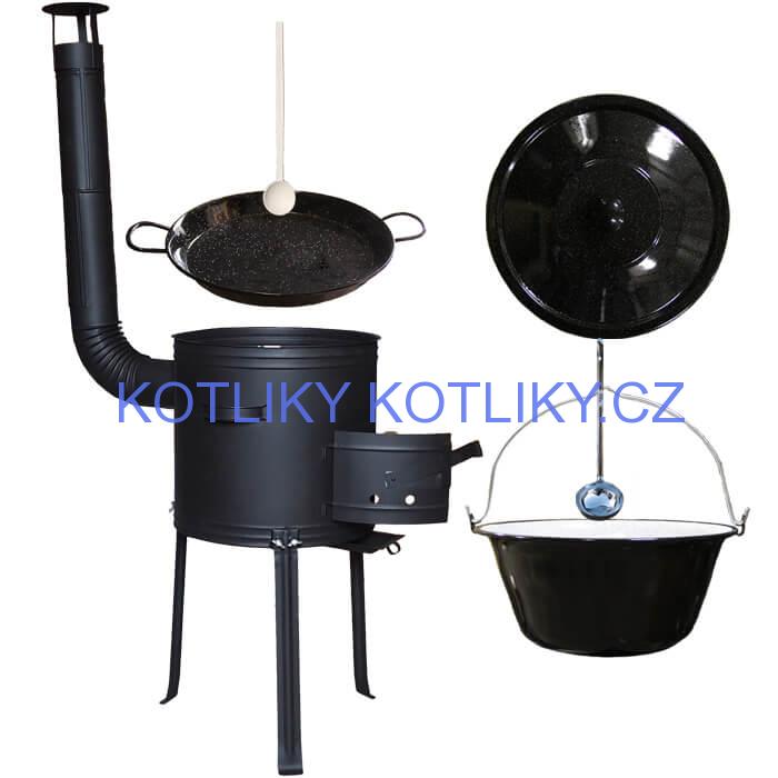 Smaltovaný kotlík 20 L + Paella pánev 46 cm + kovová kotlina s vysokými nožičkami 42 cm, žáruvzdorná barva Plus 700