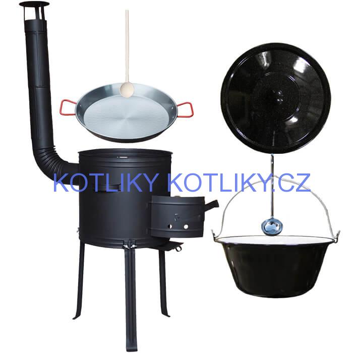 Smaltovaný kotlík 20 L + Paella pánev 46 cm + kovová kotlina s vysokými nožičkami 42 cm, žáruvzdorná barva Plus 700
