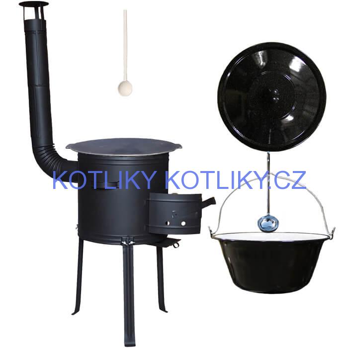 Smaltovaný kotlík 25 L + Litinová pánev 45 cm + kovová kotlina s vysokými nožičkami 42 cm, žáruvzdorná barva Plus 700