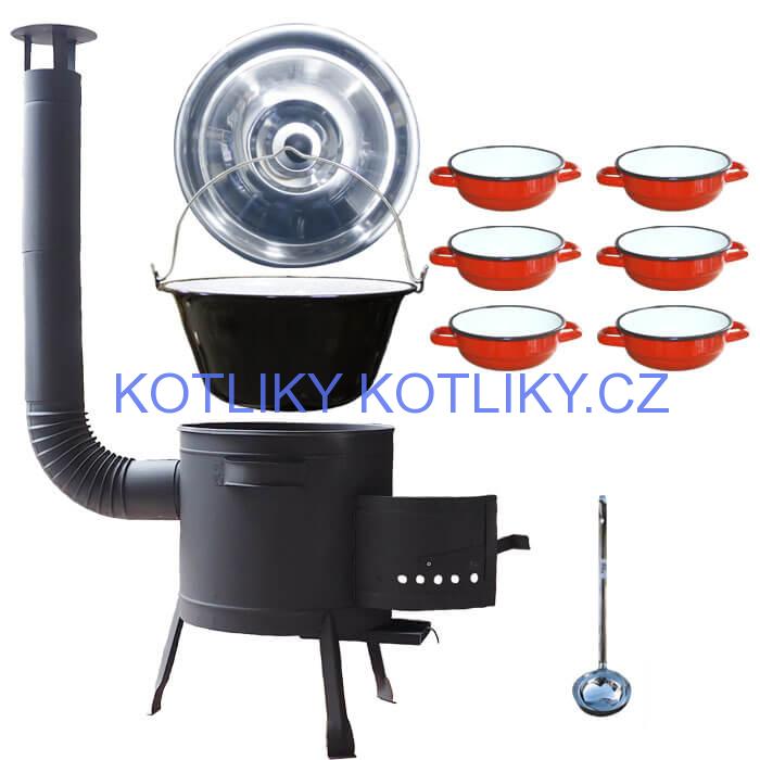Smaltovaný kotlík 20 L + selské misky 6 ks + nízká žáruvzdorná kotlina 42 cm PLUS 600