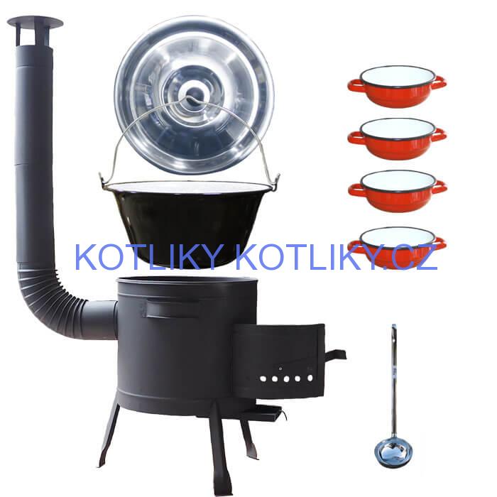 Smaltovaný kotlík 30 L + selské misky 4 ks + nízká žáruvzdorná kotlina 45 cm PLUS 600