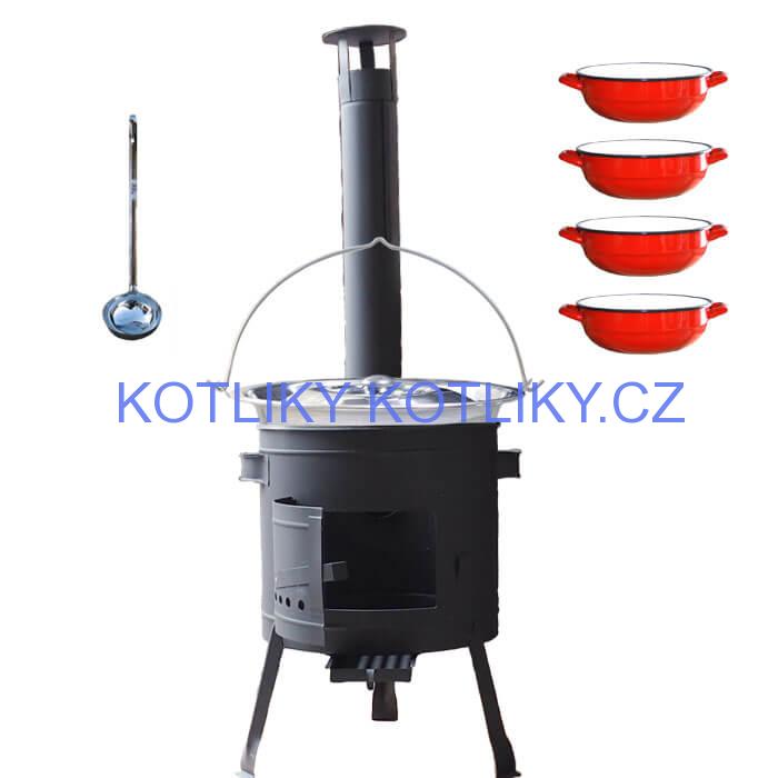 Nerezový kotlík 22 L (0,8 mm) INOX + selské misky 4 ks + nízká žáruvzdorná kotlina 42 cm PLUS 600