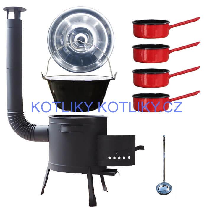 Smaltovaný kotlík 16 L + smaltované rendlíky 4 ks + nízká žáruvzdorná kotlina 39 cm PLUS 600