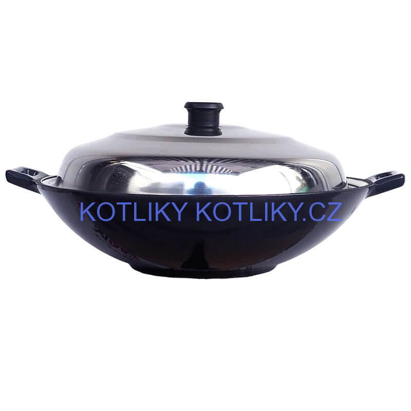 Litinový wok – smaltovaný povrch 37 cm + nerezová poklice