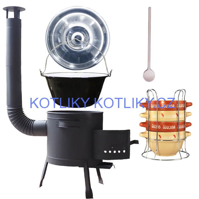 Smaltovaný kotlík 25 L (1,2 mm) + misky na guláš 4 ks + nízká žáruvzdorná kotlina 42 PLUS 600