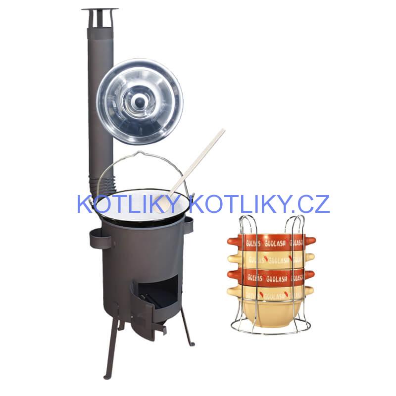 Smaltovaný kotlík 22 L (1,2 mm) + misky na guláš 4 ks + žáruvzdorná kotlina 42 PLUS 600 4 MM
