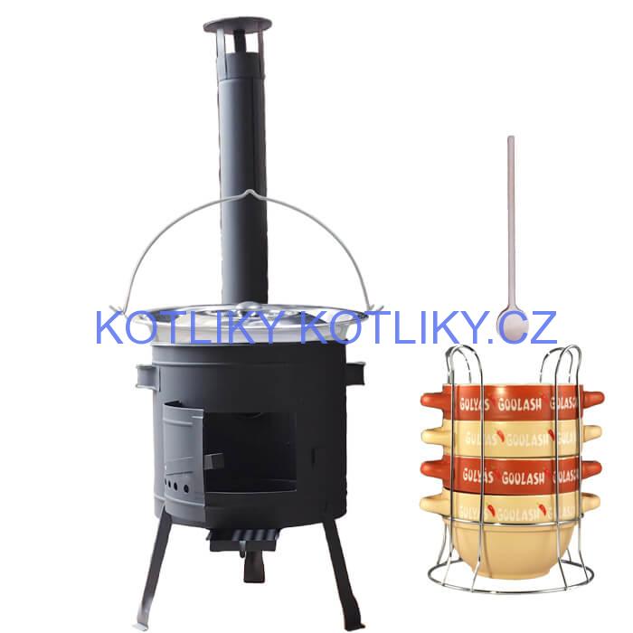 Nerezový kotlík 22 L (0,8 mm) INOX + misky na guláš 4 ks + nízká žáruvzdorná kotlina 42 PLUS 600