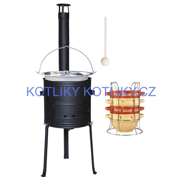 Nerezový kotlík 22 L (0,8 mm) INOX + misky na guláš 4 ks + nízká žáruvzdorná kotlina 42 PLUS 700