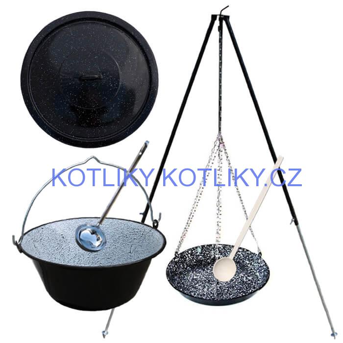 Smaltovaný kotlík 30 L + pánev na grilování + teleskopická trojnožka