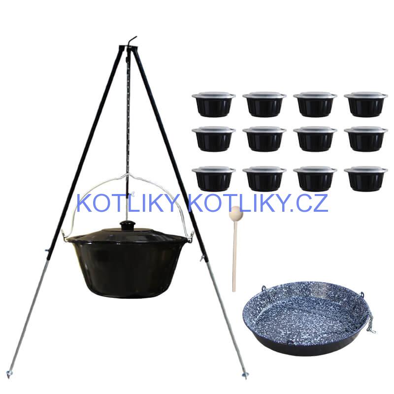 Smaltovaný kotlík 30 L + pánev na grilování + teleskopická trojnožka + misky 12 ks