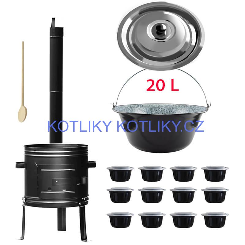 Smaltovaný kotlík 20 L (0,8 mm) + kovová kotlina 42 KOV + vařečka + misky 12 ks