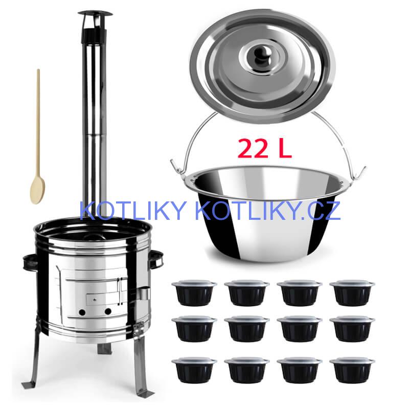Nerezový kotlík 22 L (0,8 mm) + nerezová kotlina 42 INOX + vařečka + misky 12 ks