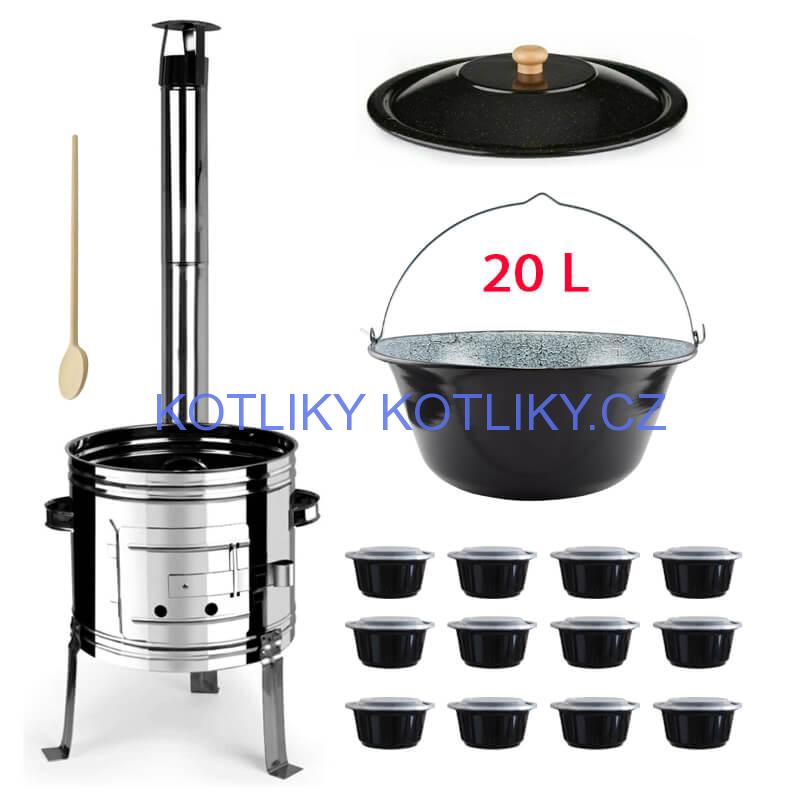 Smaltovaný kotlík 20 L + nerezová kotlina 42 INOX + vařečka + misky 12 ks
