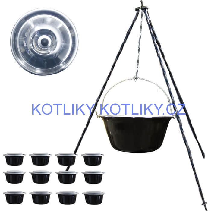 Smaltovaný kotlík 10 L (1,2 mm) + nerezová poklice + trojnožka 1,20 m + misky 12 ks