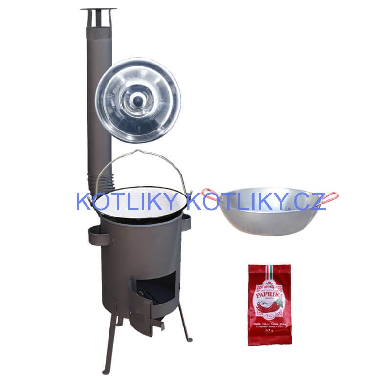 Smaltovaný kotlík 22 L + Pánev PAELLA (WOK) 45 cm + sladká paprika 50 g + žáruvzdorná kotlina 42 PLUS 600 s roštem na popel 4 mm