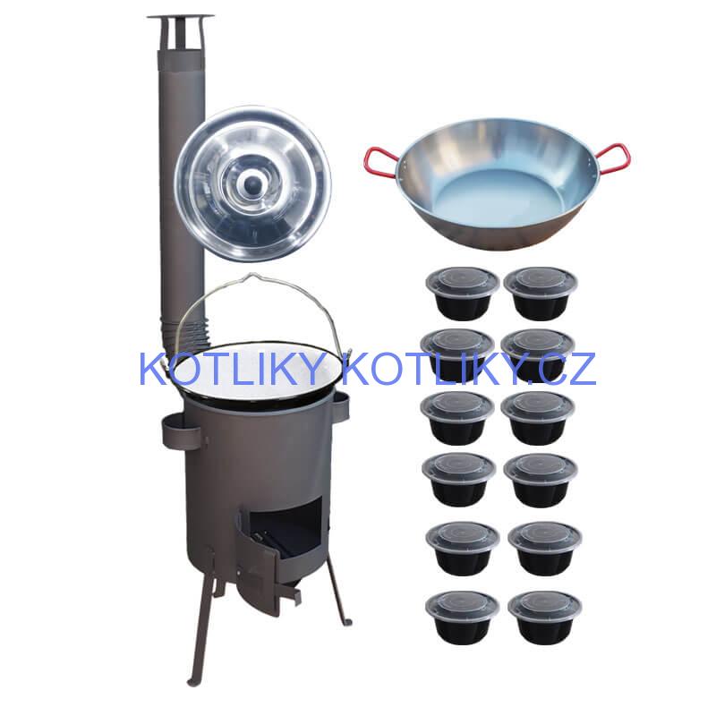 Smaltovaný kotlík 22 L + Pánev PAELLA (WOK) 45 cm + misky 12 ks + žáruvzdorná kotlina 42 PLUS 600 s roštem na popel 4 mm