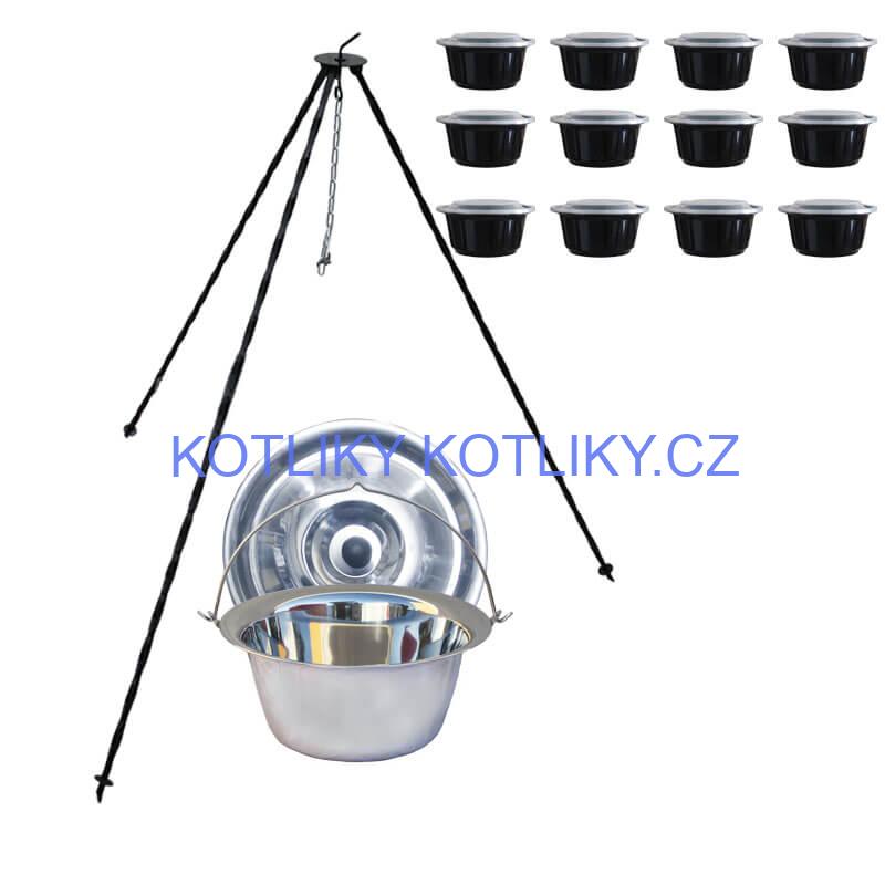 Nerezový kotlík 8 L (0,8 mm) INOX + poklice + trojnožka 1,20 m + misky 12 ks