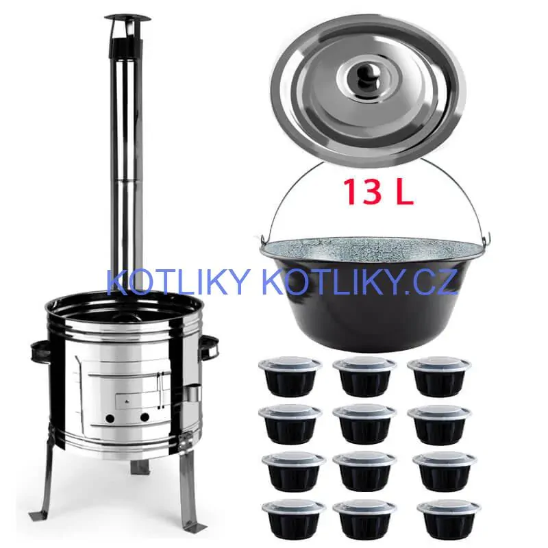 Smaltovaný kotlík 13 L + nerezová kotlina 36 INOX + misky 12 ks