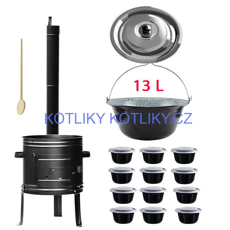 Smaltovaný kotlík 13 L + kovová kotlina 36 KOV + misky 12 ks