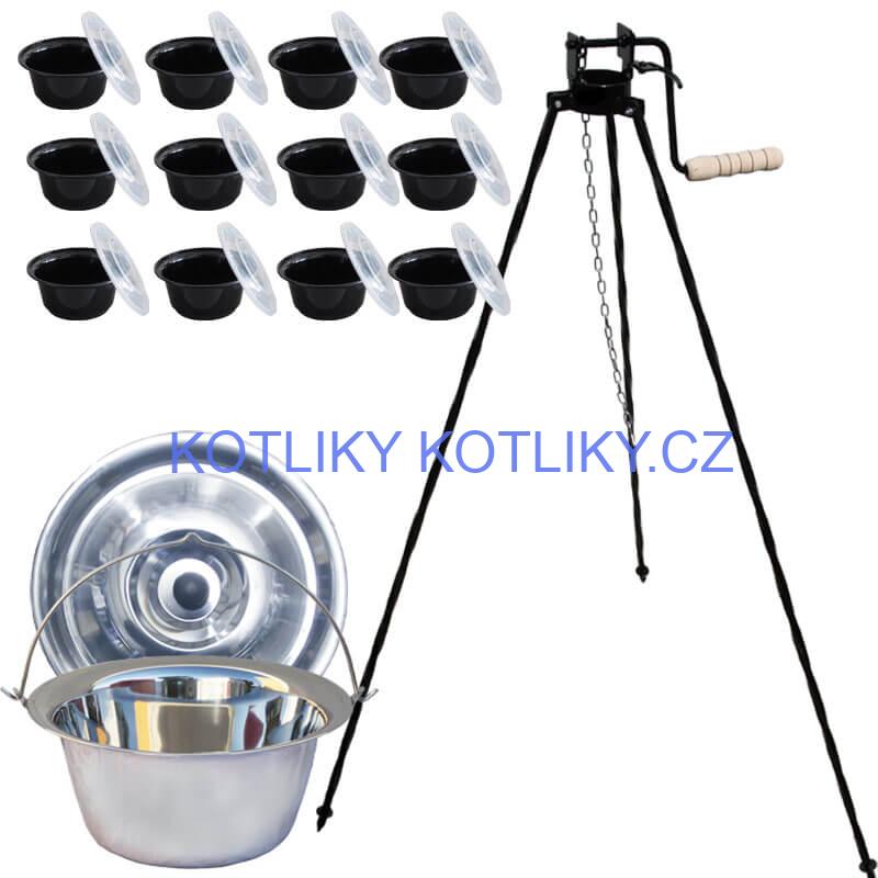 Nerezový kotlík 14 L (0,8 mm) INOX + stojan s kladkou VAR + misky 12 ks