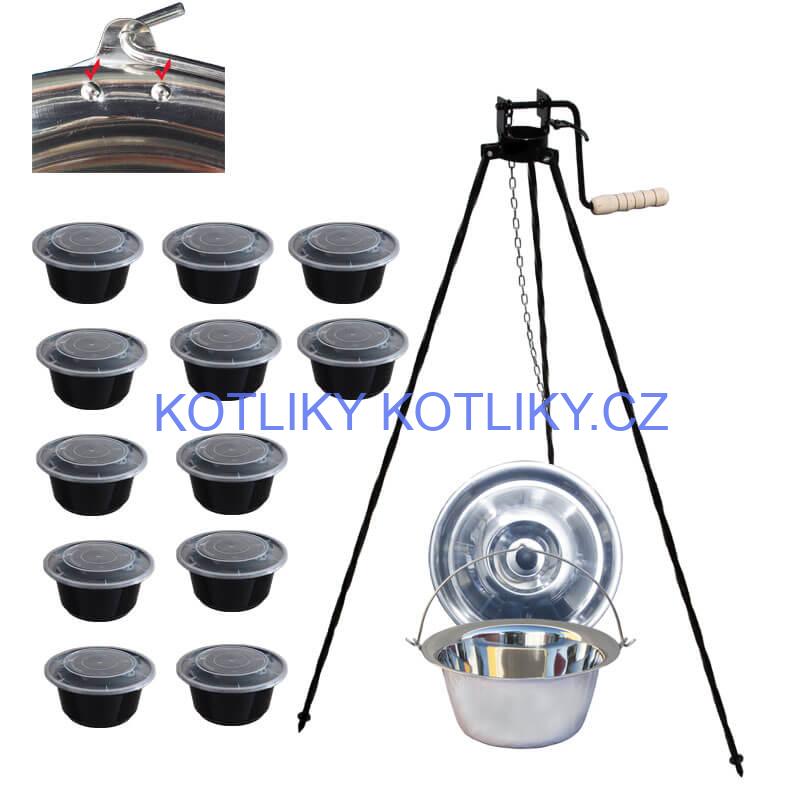 Nerezový kotlík 15 L (0,8 mm) s nýty + stojan s kladkou VAR + misky 12 ks