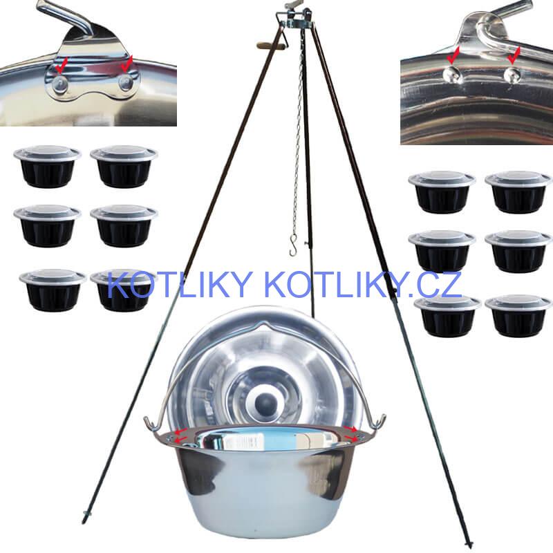 Nerezový kotlík 30 L (0,8 mm) s nýty + teleskopická trojnožka s pojistnou kladkou + misky 12 ks